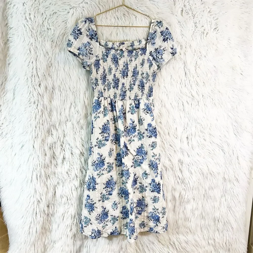 LOFT Women's Floral Puff Sleeve Midi Dress Blue Size small Casual Spring